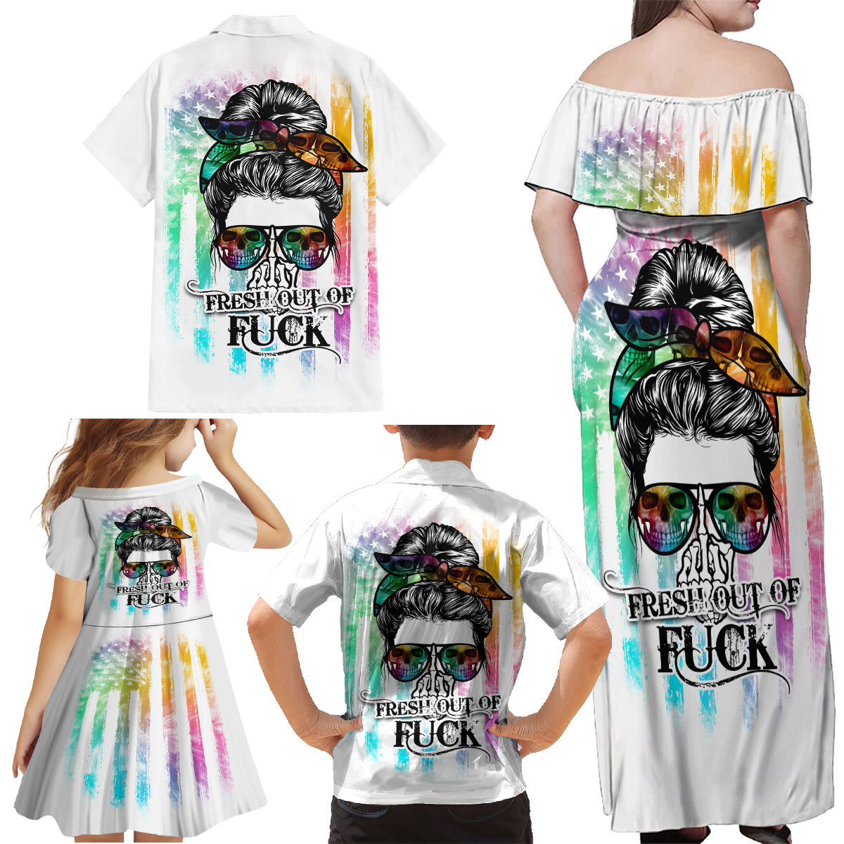 Fresh Out Of Fcks Messy Bun Tie Dye Family Matching Off Shoulder Maxi Dress and Hawaiian Shirt - Wonder Print Shop