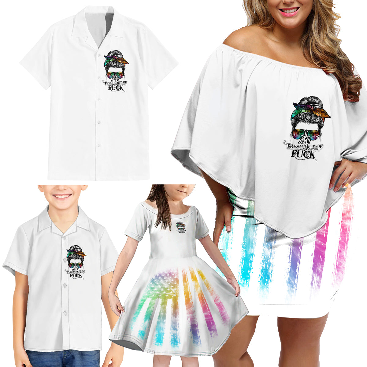 Fresh Out Of Fcks Messy Bun Tie Dye Family Matching Off Shoulder Short Dress and Hawaiian Shirt - Wonder Print Shop