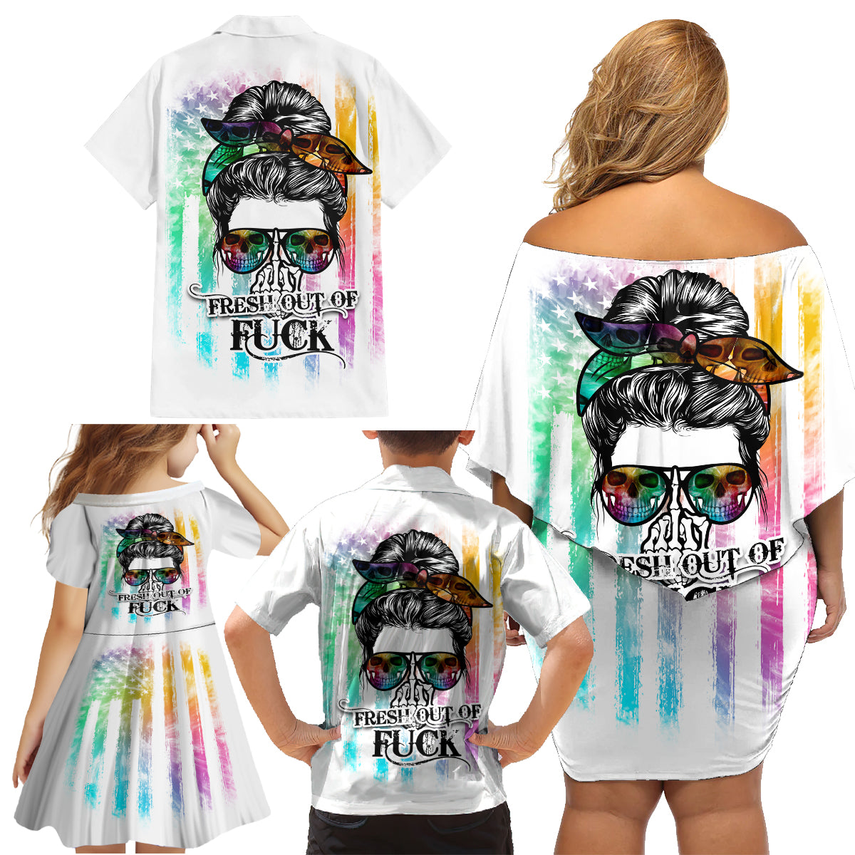 Fresh Out Of Fcks Messy Bun Tie Dye Family Matching Off Shoulder Short Dress and Hawaiian Shirt - Wonder Print Shop