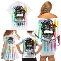 Fresh Out Of Fcks Messy Bun Tie Dye Family Matching Off Shoulder Short Dress and Hawaiian Shirt - Wonder Print Shop