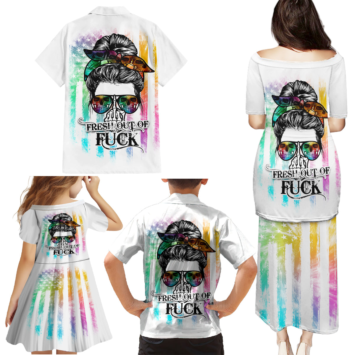 Fresh Out Of Fcks Messy Bun Tie Dye Family Matching Puletasi Dress and Hawaiian Shirt - Wonder Print Shop