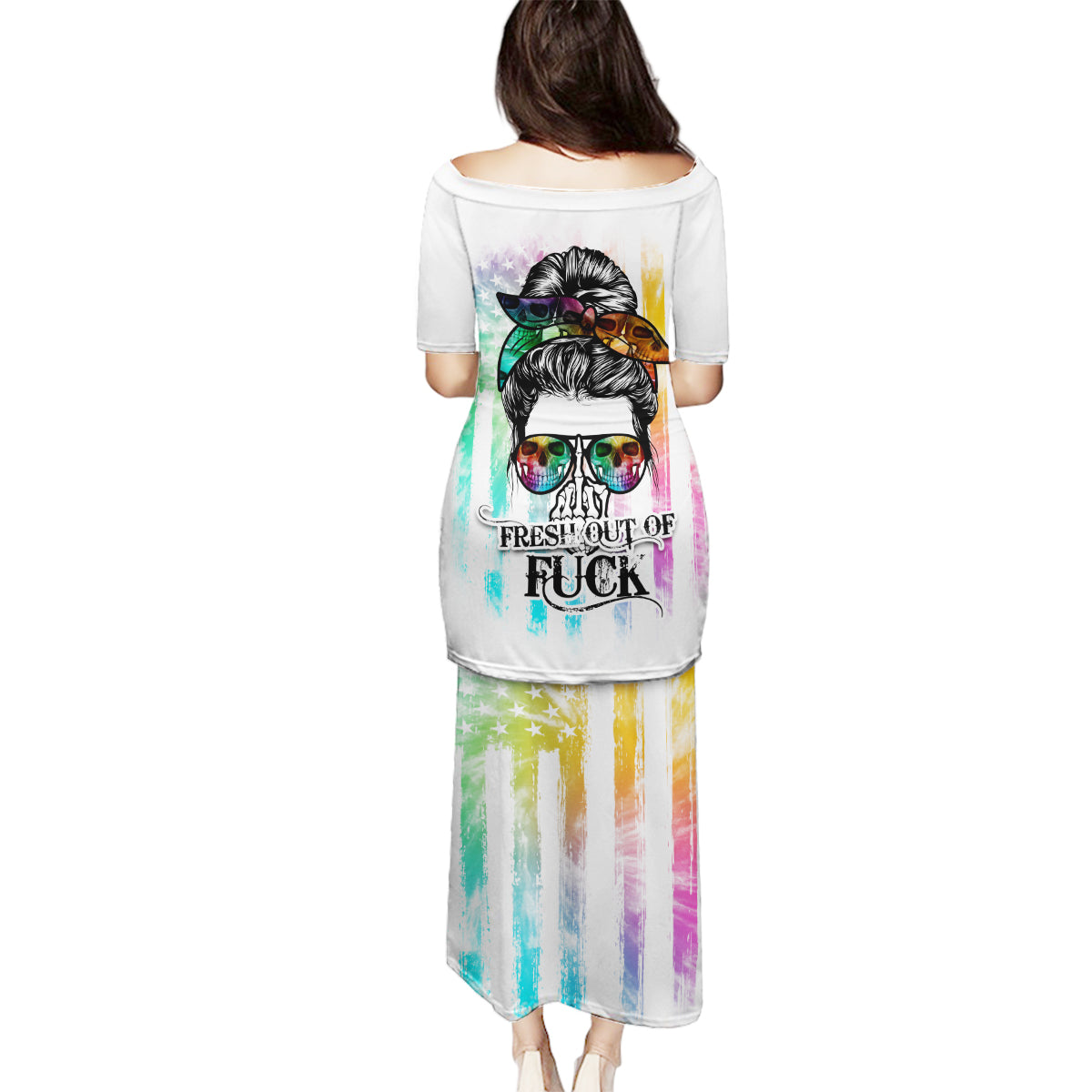 Fresh Out Of Fcks Messy Bun Tie Dye Family Matching Puletasi Dress and Hawaiian Shirt - Wonder Print Shop