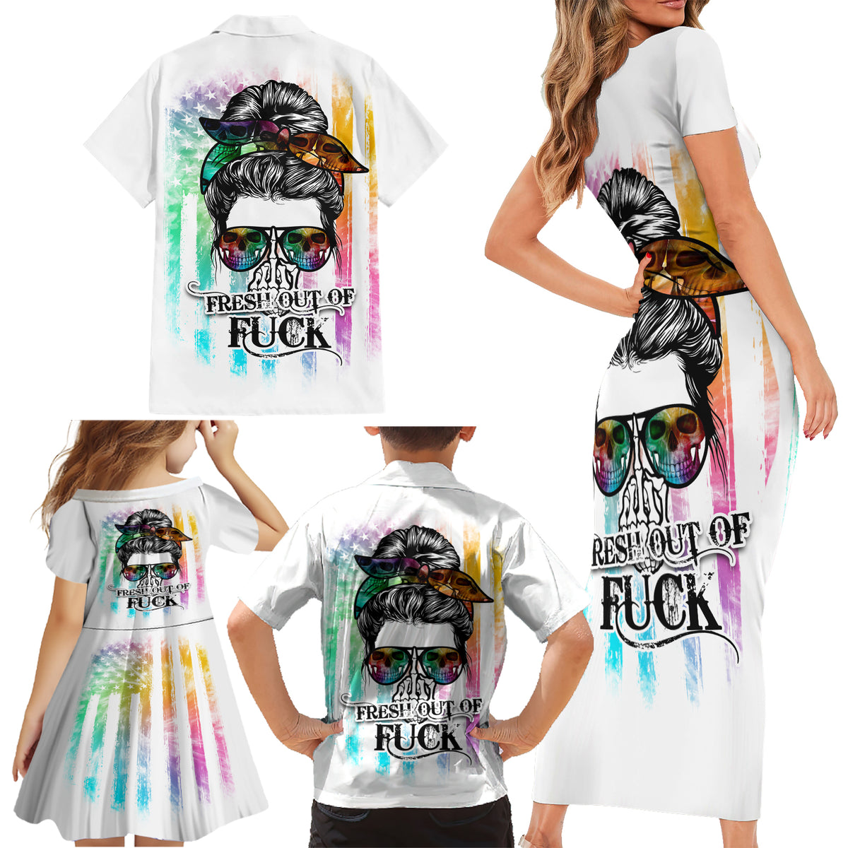 Fresh Out Of Fcks Messy Bun Tie Dye Family Matching Short Sleeve Bodycon Dress and Hawaiian Shirt - Wonder Print Shop