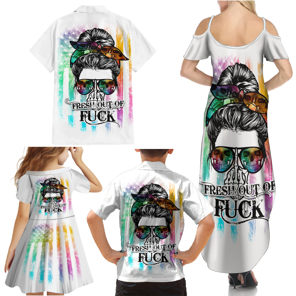 Fresh Out Of Fcks Messy Bun Tie Dye Family Matching Summer Maxi Dress and Hawaiian Shirt - Wonder Print Shop