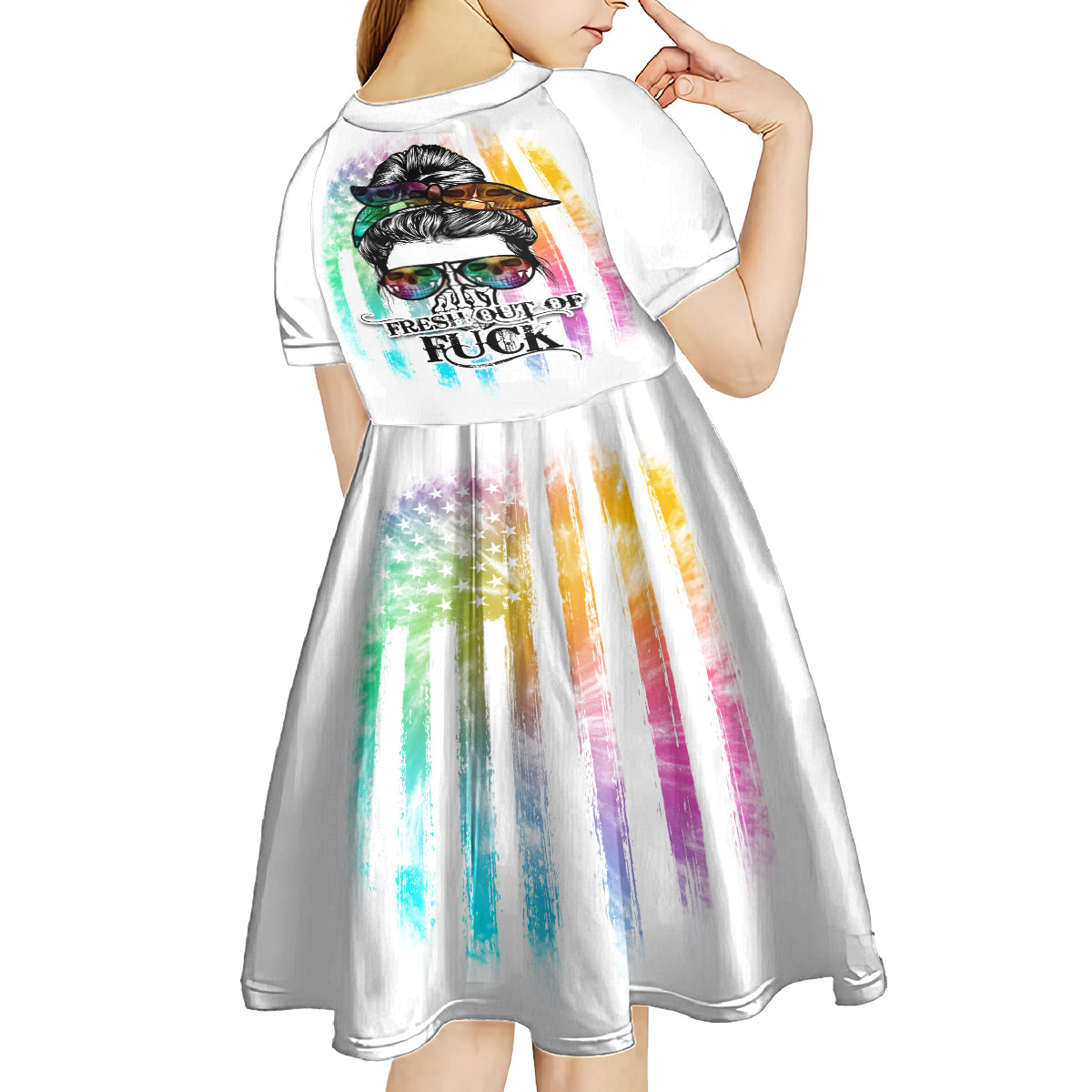 Fresh Out Of Fcks Messy Bun Tie Dye Kid Short Sleeve Dress - Wonder Print Shop