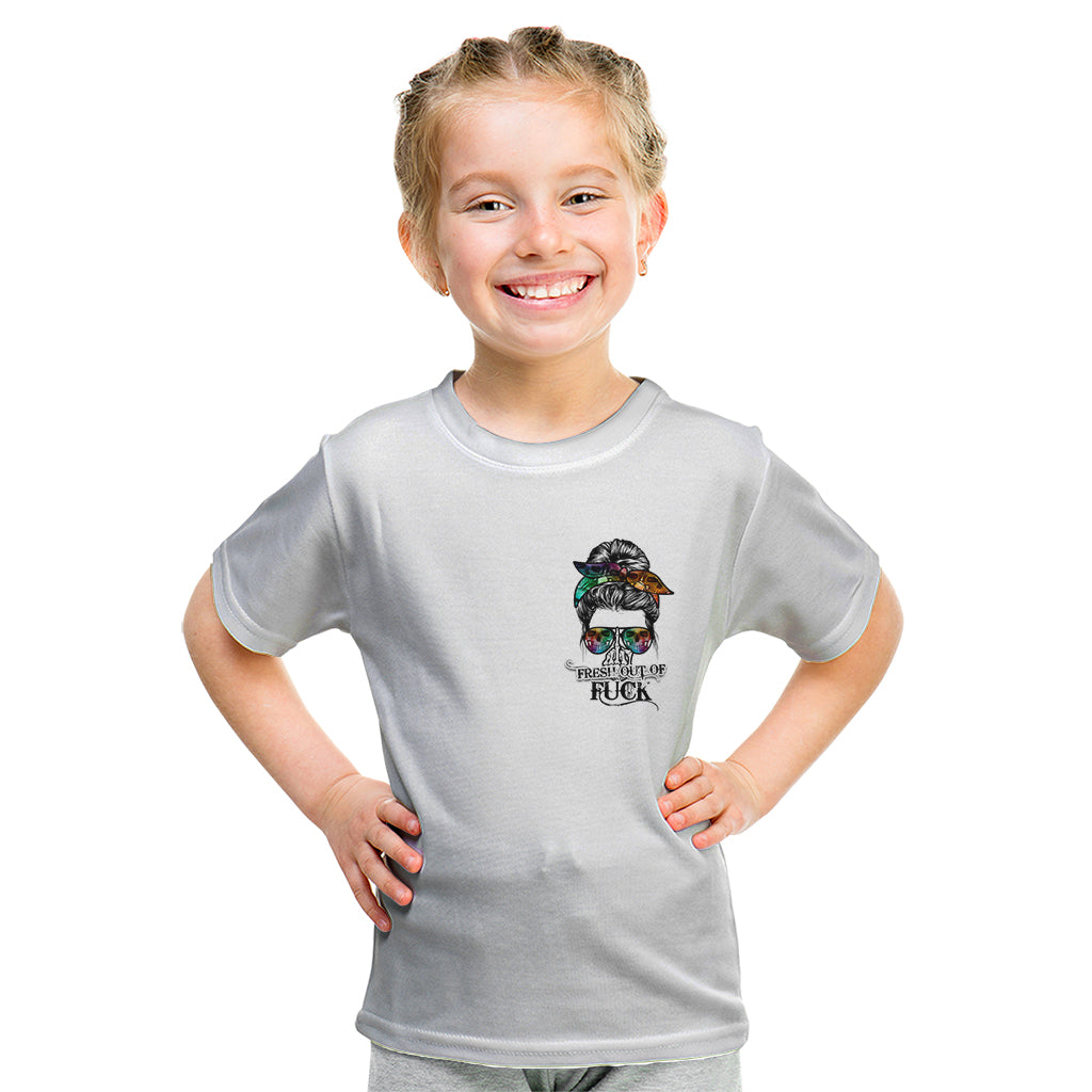 Fresh Out Of Fcks Messy Bun Tie Dye Kid T Shirt - Wonder Print Shop