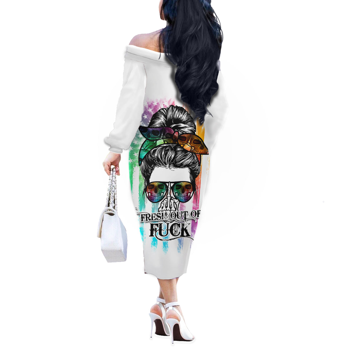 Fresh Out Of Fcks Messy Bun Tie Dye Off The Shoulder Long Sleeve Dress - Wonder Print Shop