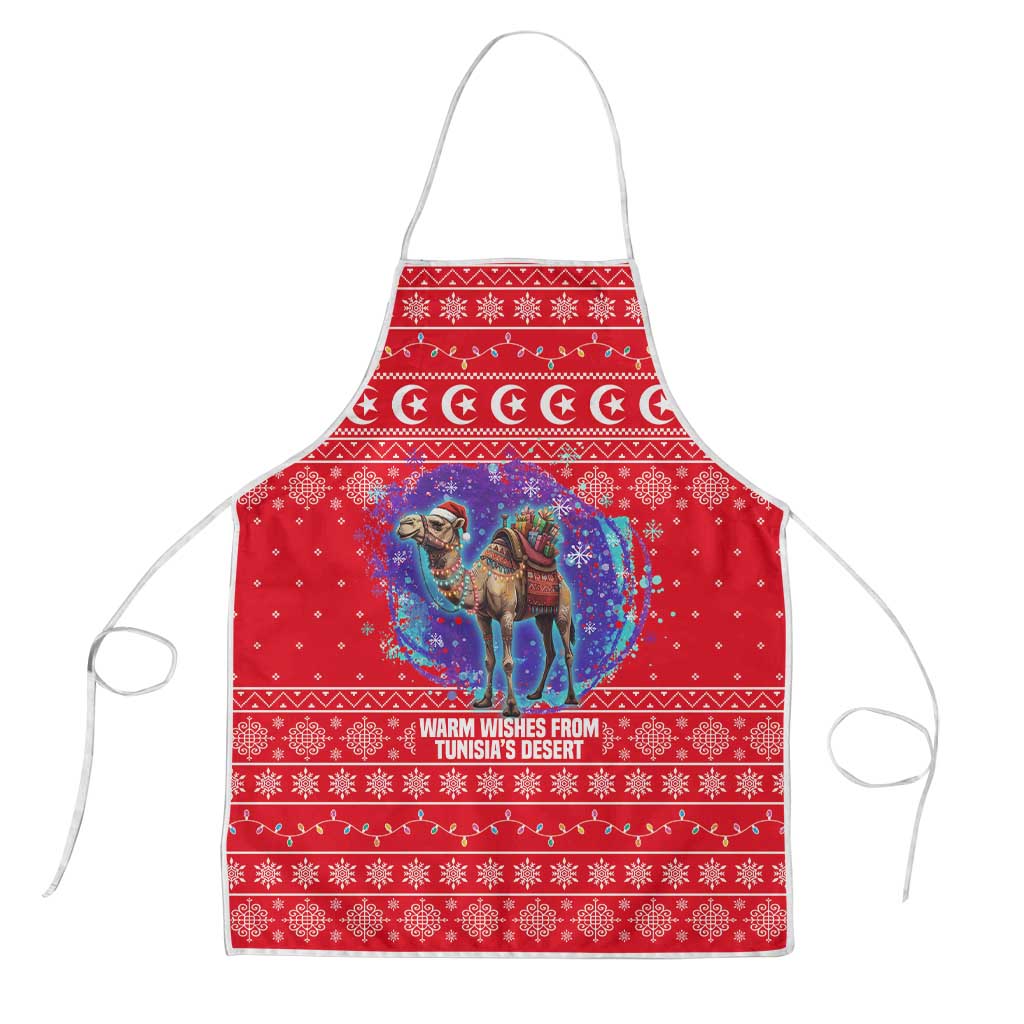 Tunisia Christmas Apron with Desert Camel Crescent Snowflake Pattern and National Emblem - Wonder Print Shop