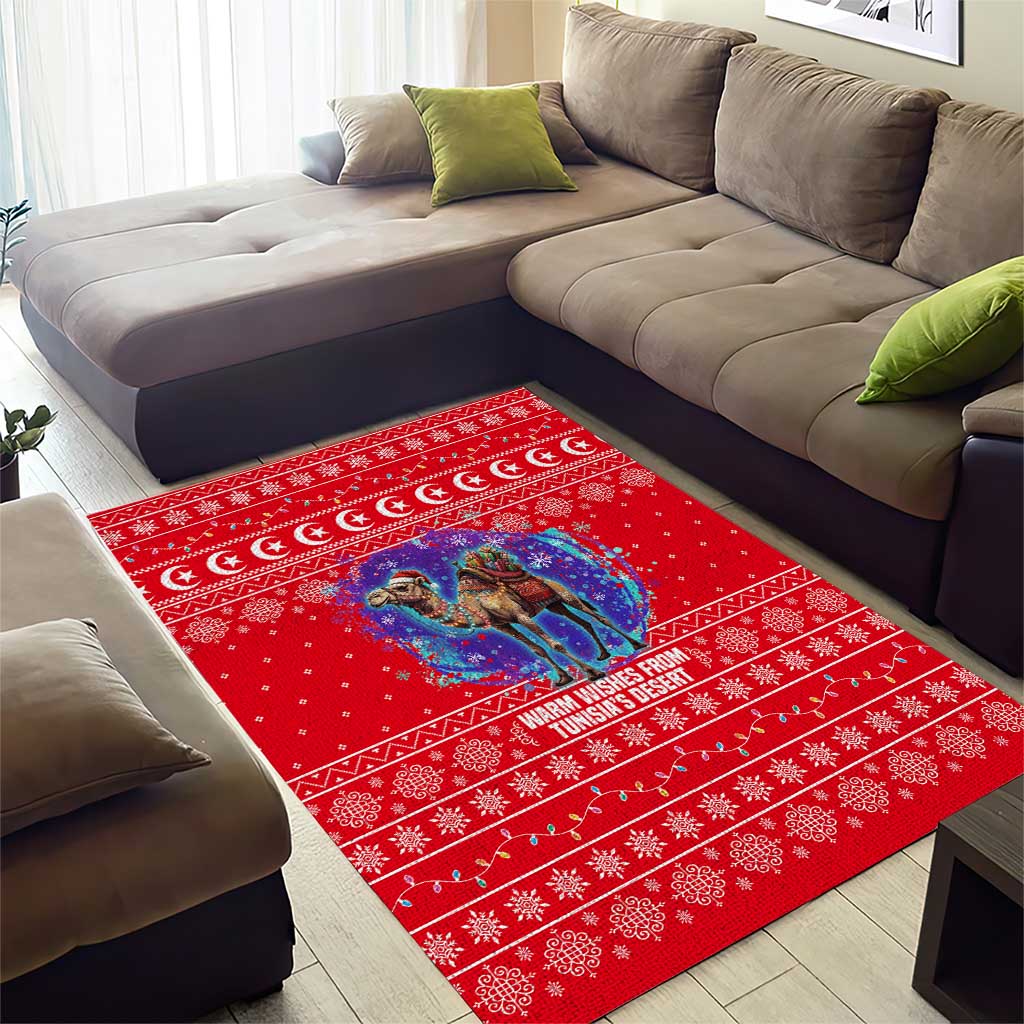 Tunisia Christmas Area Rug with Desert Camel Crescent Snowflake Pattern and National Emblem - Wonder Print Shop