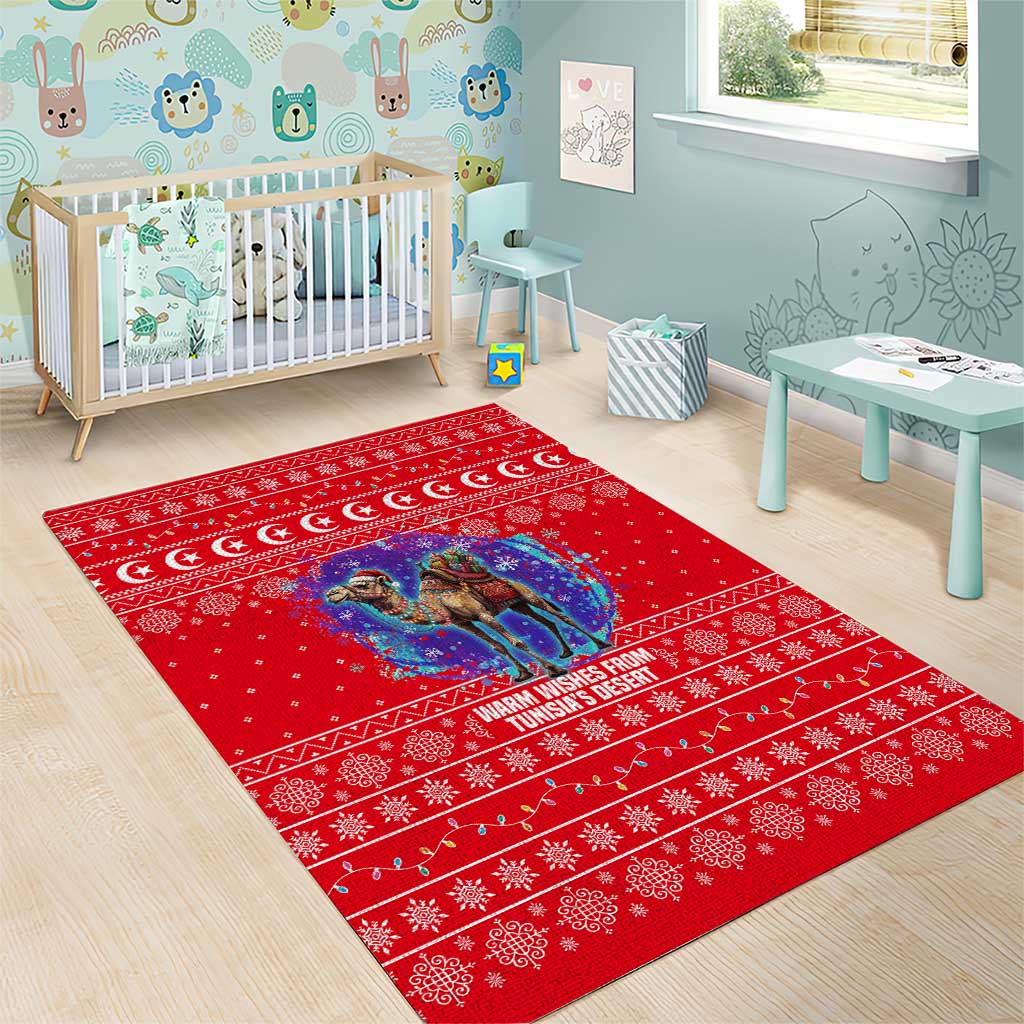 Tunisia Christmas Area Rug with Desert Camel Crescent Snowflake Pattern and National Emblem - Wonder Print Shop