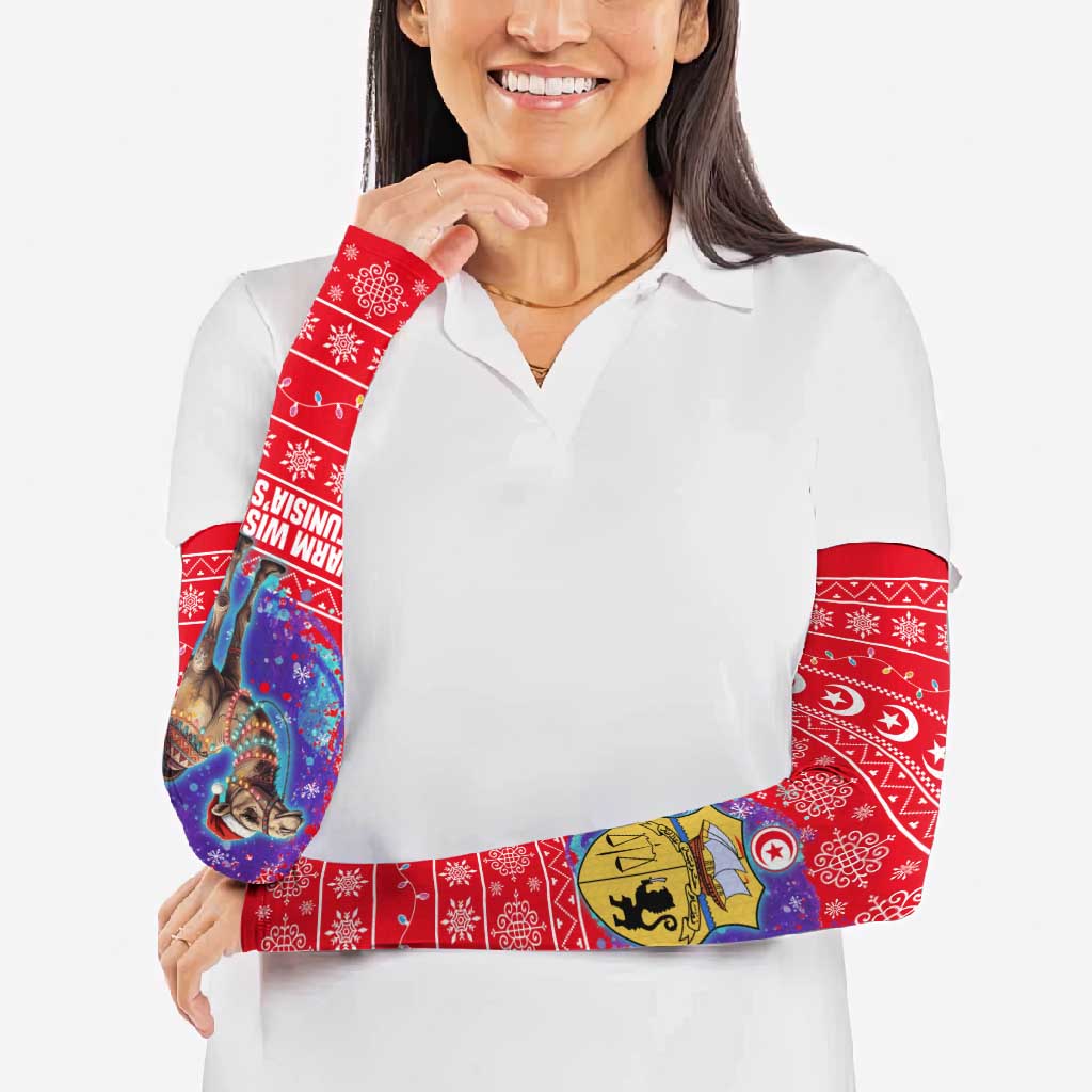Tunisia Christmas Arm Sleeves with Desert Camel Crescent Snowflake Pattern and National Emblem - Wonder Print Shop