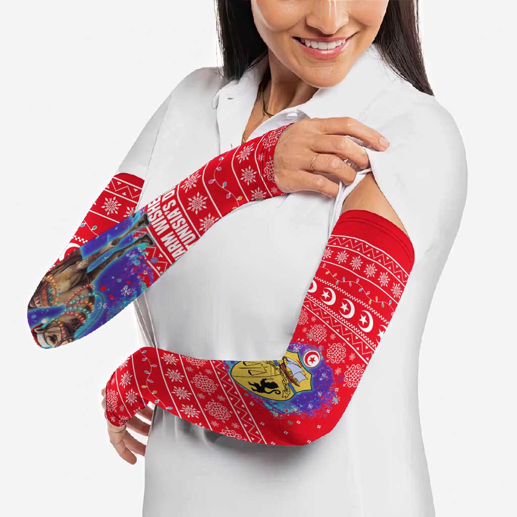 Tunisia Christmas Arm Sleeves with Desert Camel Crescent Snowflake Pattern and National Emblem - Wonder Print Shop