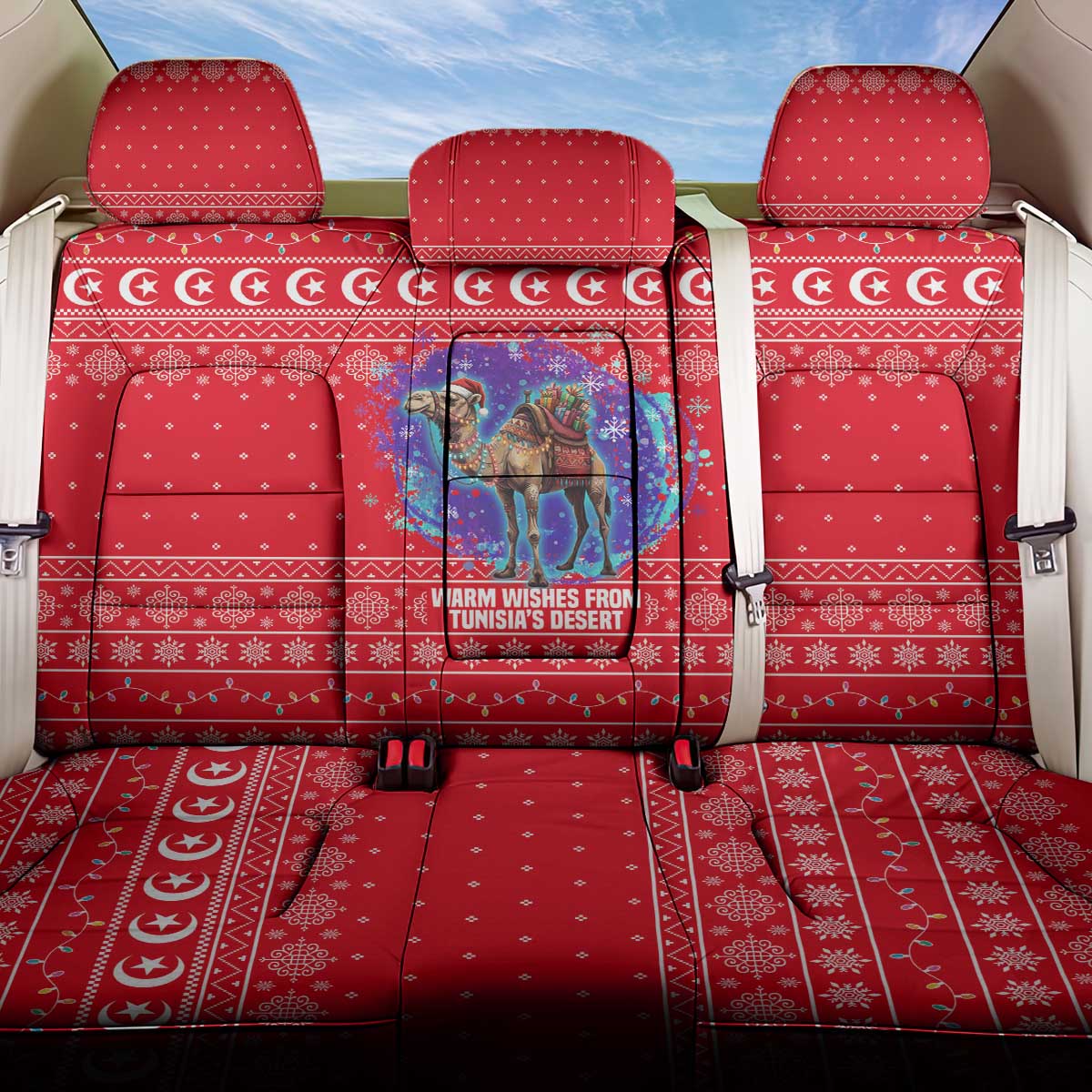 Tunisia Christmas Back Car Seat Cover with Desert Camel Crescent Snowflake Pattern and National Emblem - Wonder Print Shop