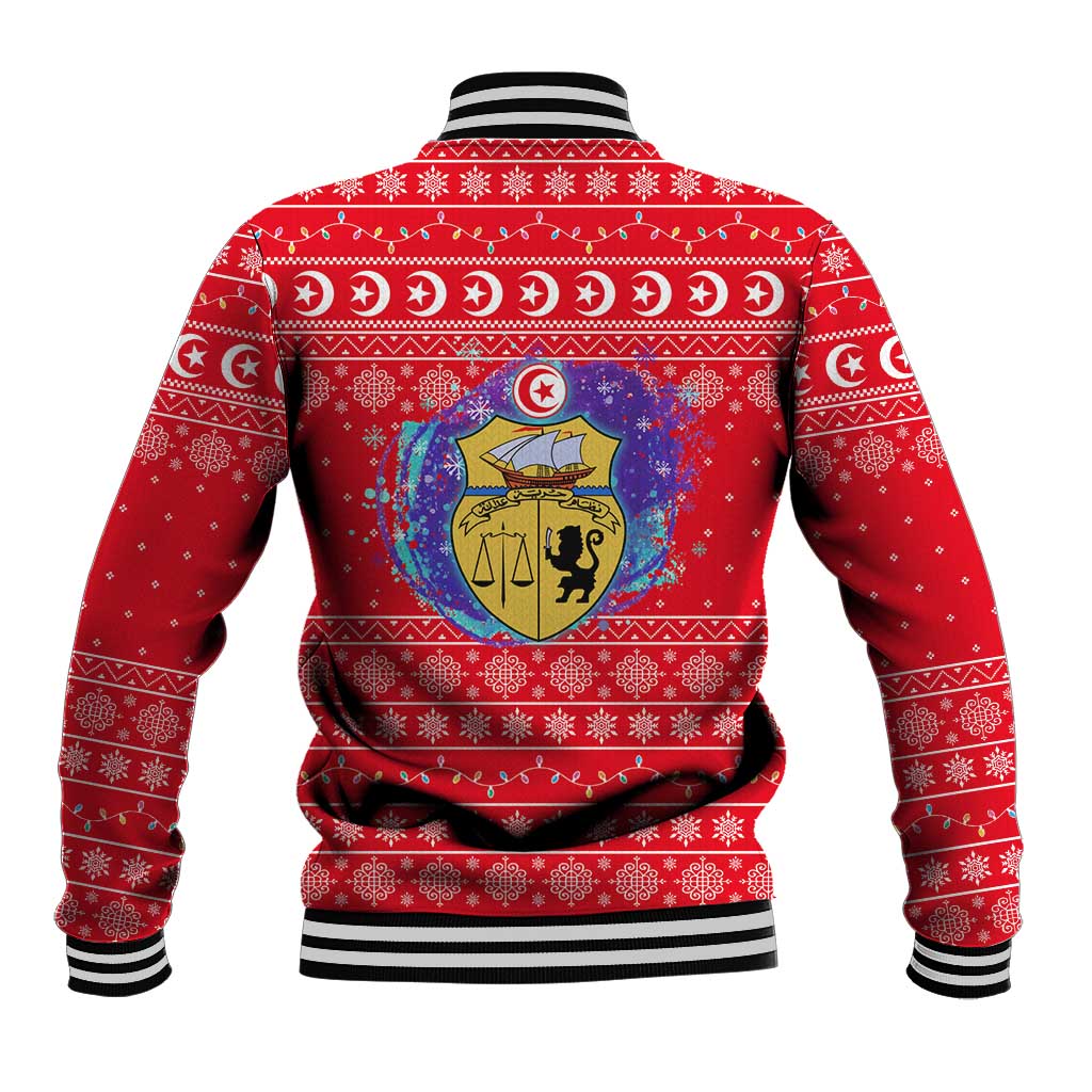 Tunisia Christmas Baseball Jacket with Desert Camel Crescent Snowflake Pattern and National Emblem - Wonder Print Shop