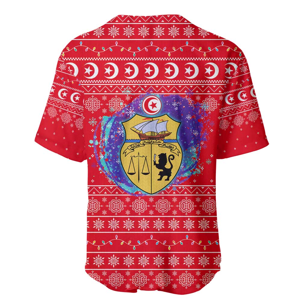 Tunisia Christmas Baseball Jersey with Desert Camel Crescent Snowflake Pattern and National Emblem - Wonder Print Shop