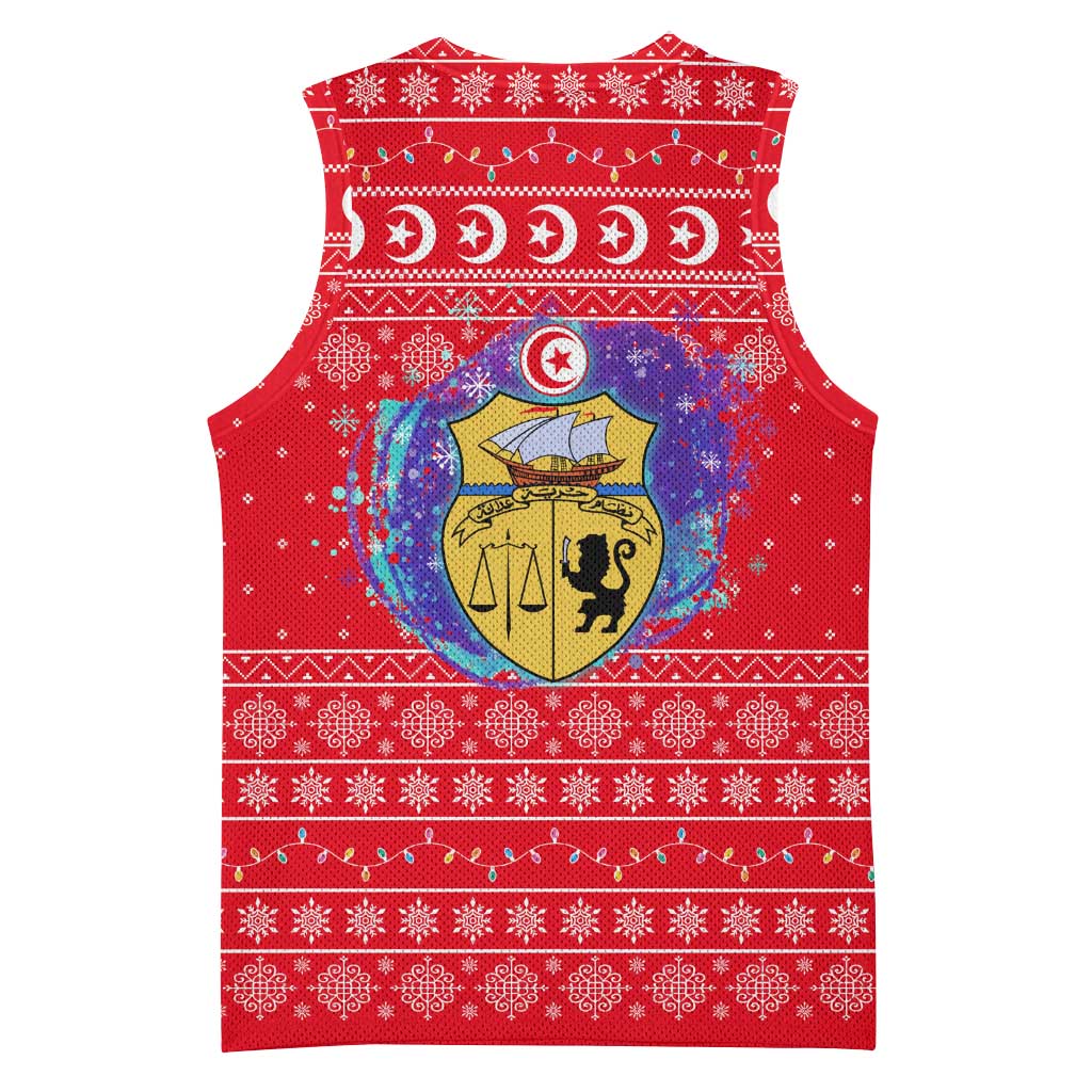 Tunisia Christmas Basketball Jersey with Desert Camel Crescent Snowflake Pattern and National Emblem - Wonder Print Shop
