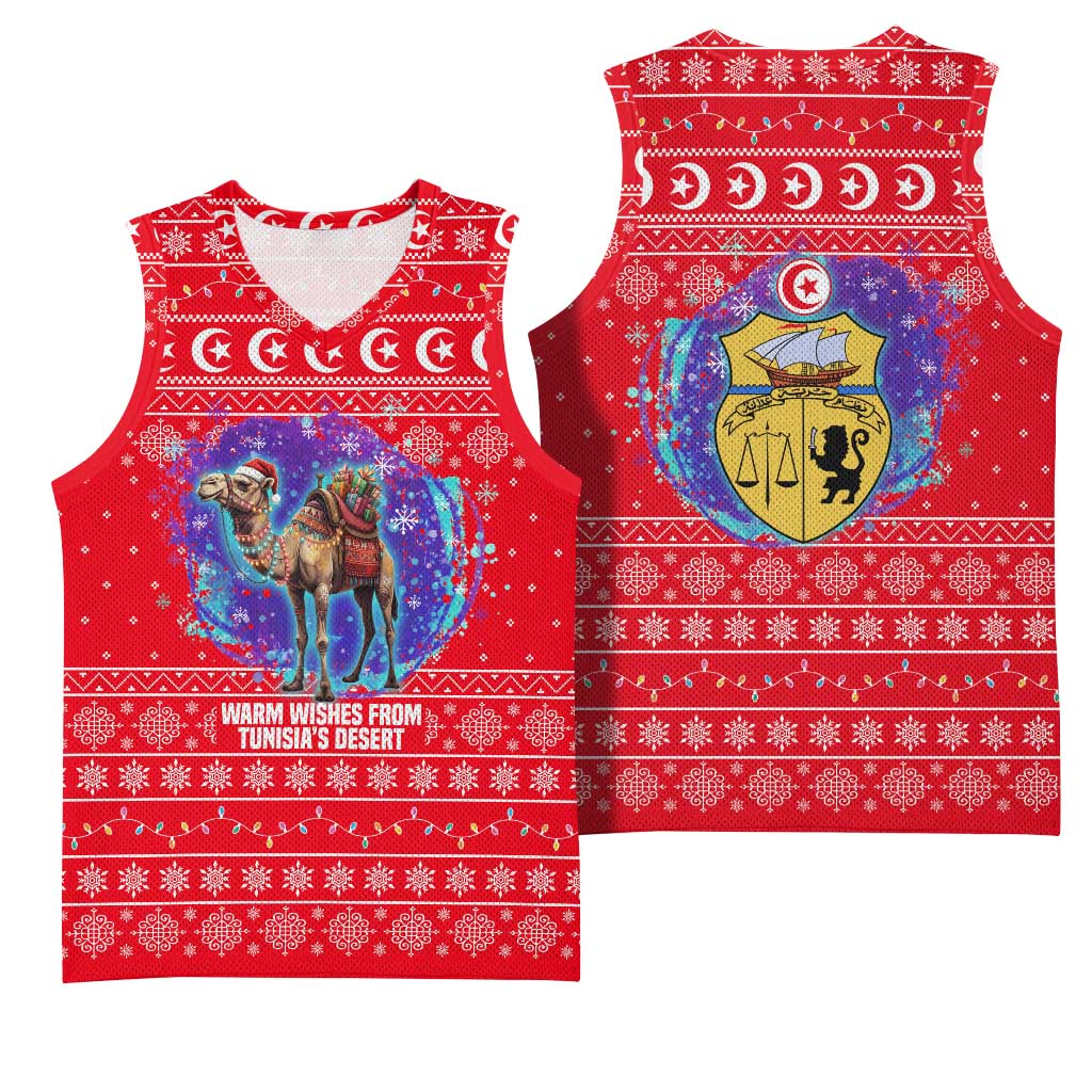 Tunisia Christmas Basketball Jersey with Desert Camel Crescent Snowflake Pattern and National Emblem - Wonder Print Shop