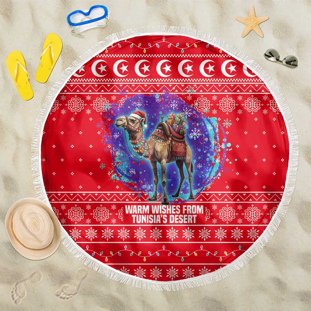 Tunisia Christmas Beach Blanket with Desert Camel Crescent Snowflake Pattern and National Emblem - Wonder Print Shop