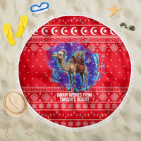 Tunisia Christmas Beach Blanket with Desert Camel Crescent Snowflake Pattern and National Emblem - Wonder Print Shop
