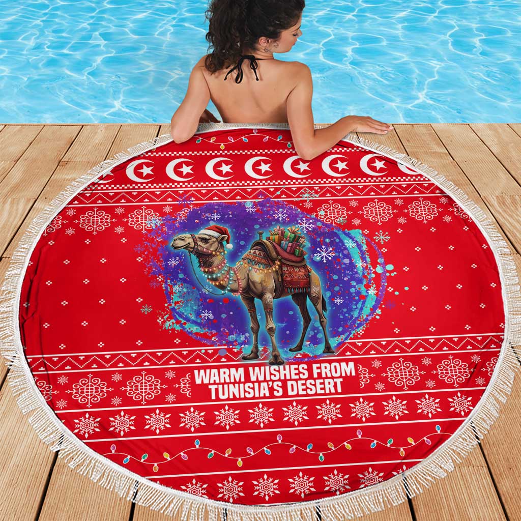 Tunisia Christmas Beach Blanket with Desert Camel Crescent Snowflake Pattern and National Emblem - Wonder Print Shop