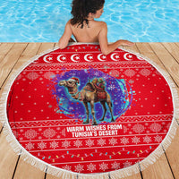 Tunisia Christmas Beach Blanket with Desert Camel Crescent Snowflake Pattern and National Emblem - Wonder Print Shop