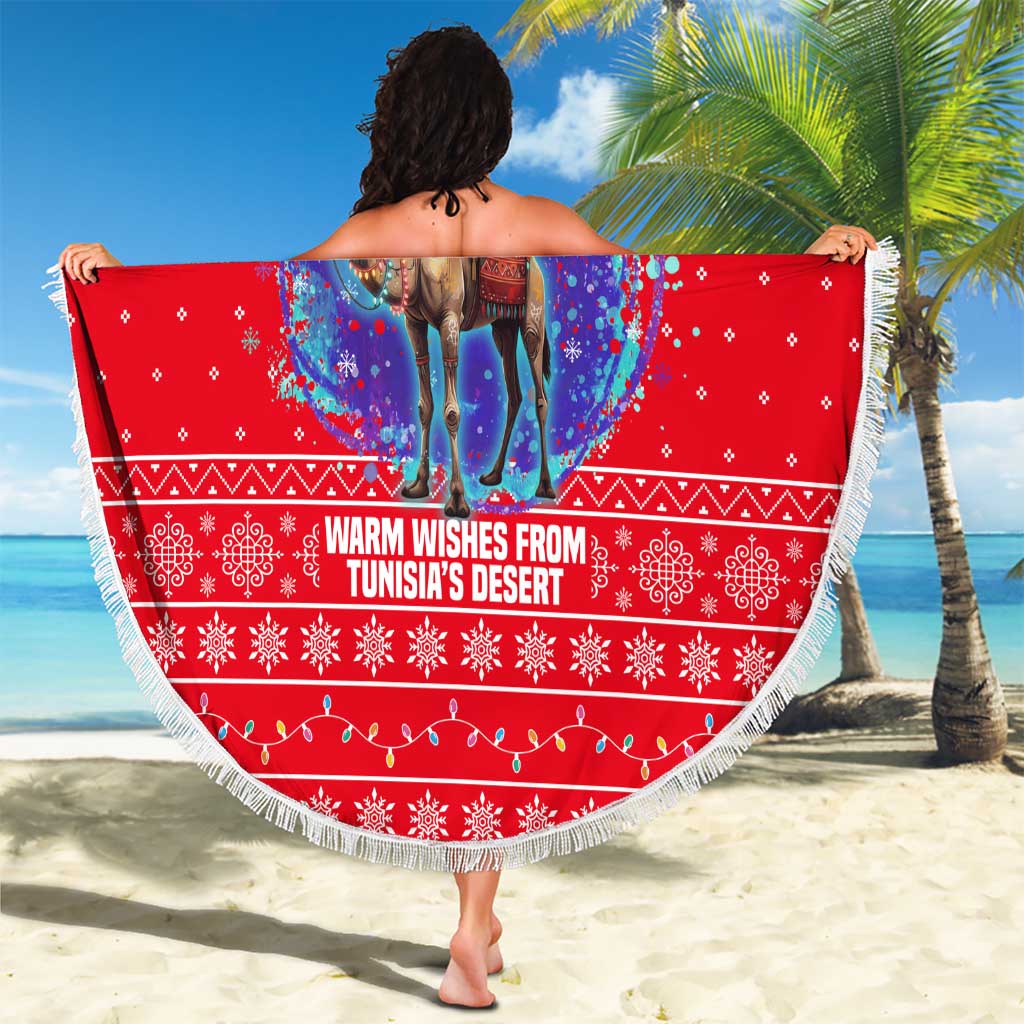 Tunisia Christmas Beach Blanket with Desert Camel Crescent Snowflake Pattern and National Emblem - Wonder Print Shop