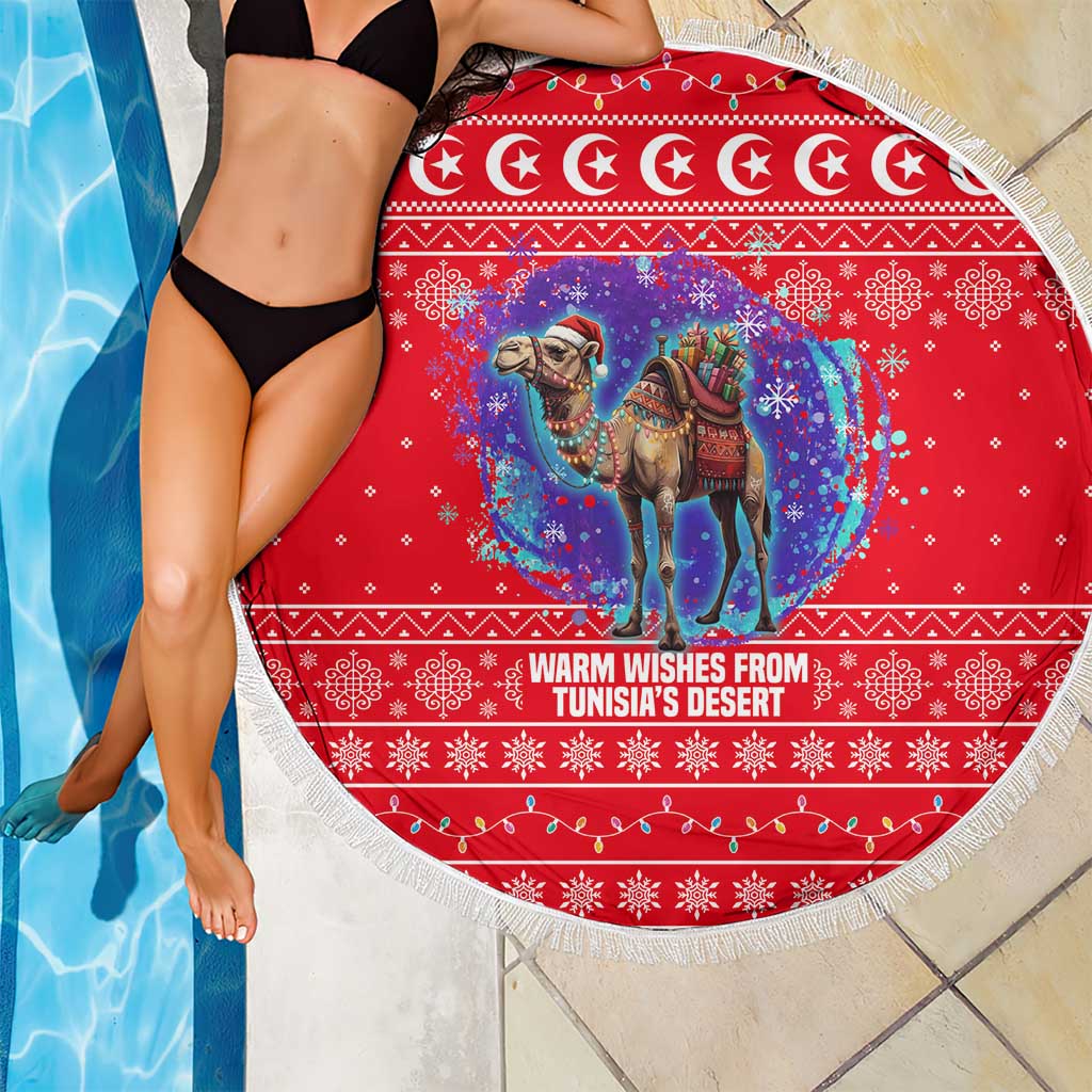 Tunisia Christmas Beach Blanket with Desert Camel Crescent Snowflake Pattern and National Emblem - Wonder Print Shop