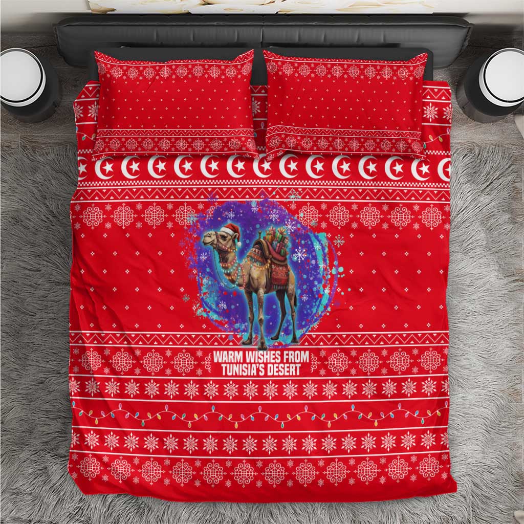 Tunisia Christmas Bedding Set with Desert Camel Crescent Snowflake Pattern and National Emblem - Wonder Print Shop