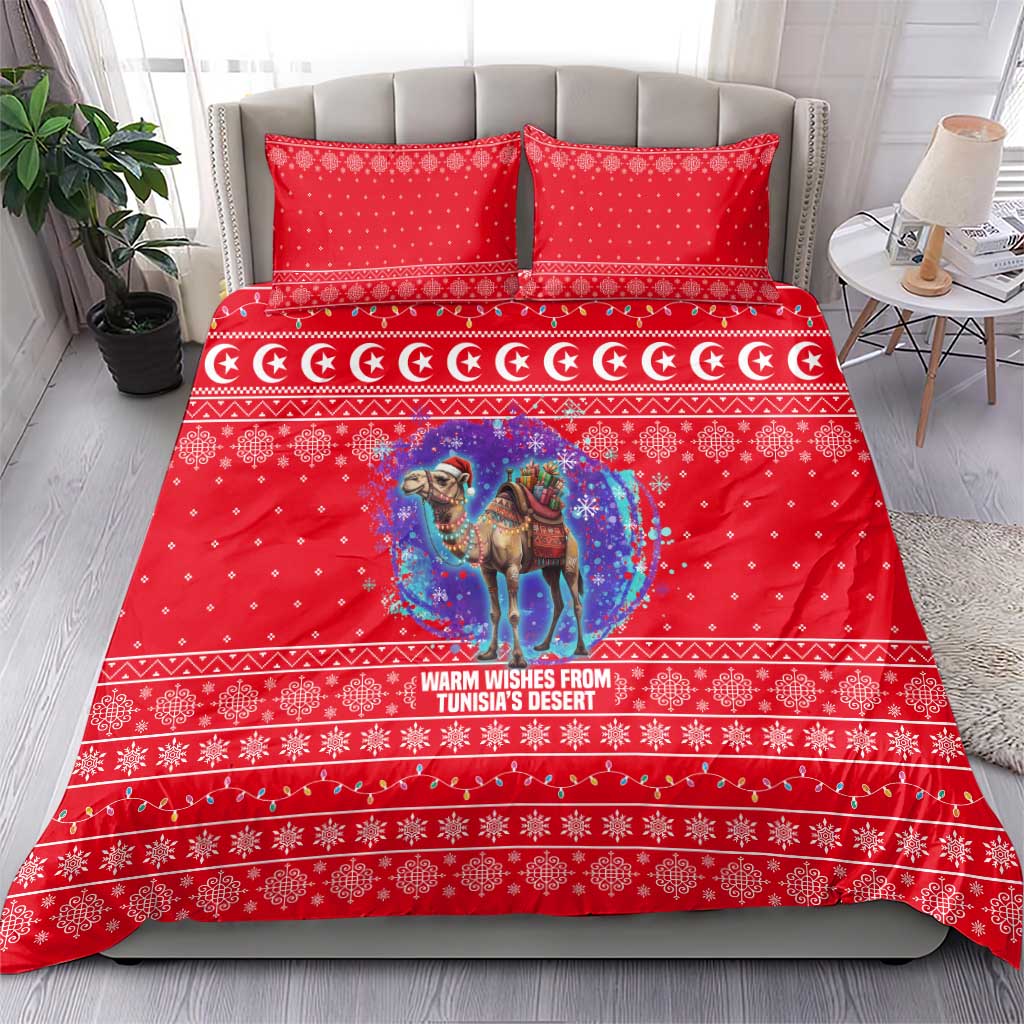 Tunisia Christmas Bedding Set with Desert Camel Crescent Snowflake Pattern and National Emblem - Wonder Print Shop
