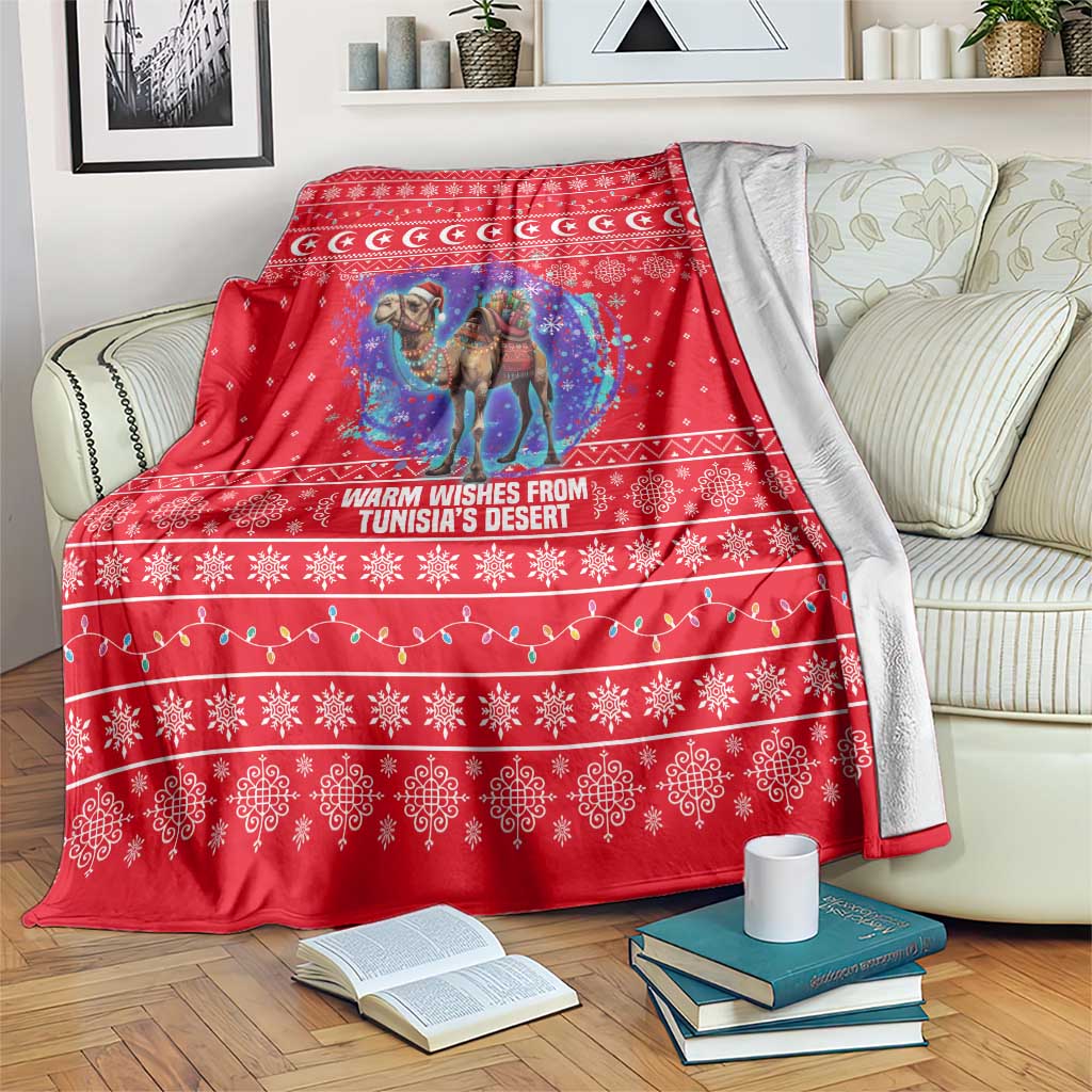 Tunisia Christmas Blanket with Desert Camel Crescent Snowflake Pattern and National Emblem - Wonder Print Shop