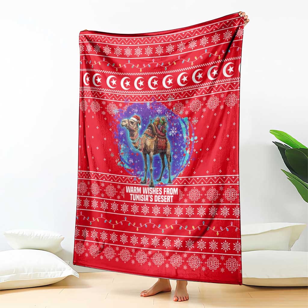 Tunisia Christmas Blanket with Desert Camel Crescent Snowflake Pattern and National Emblem - Wonder Print Shop