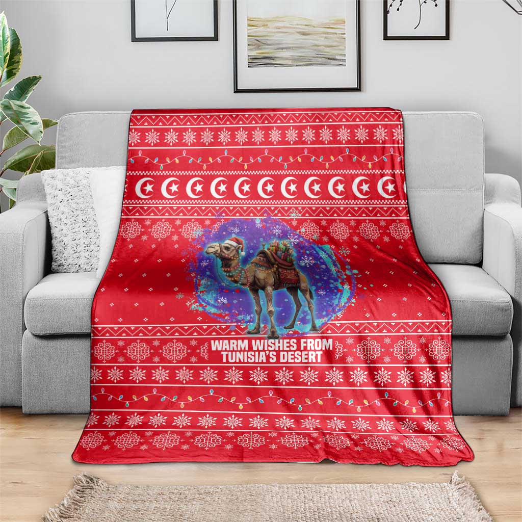 Tunisia Christmas Blanket with Desert Camel Crescent Snowflake Pattern and National Emblem - Wonder Print Shop