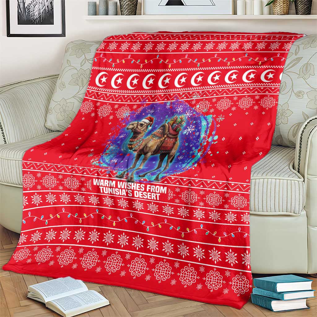 Tunisia Christmas Blanket with Desert Camel Crescent Snowflake Pattern and National Emblem - Wonder Print Shop