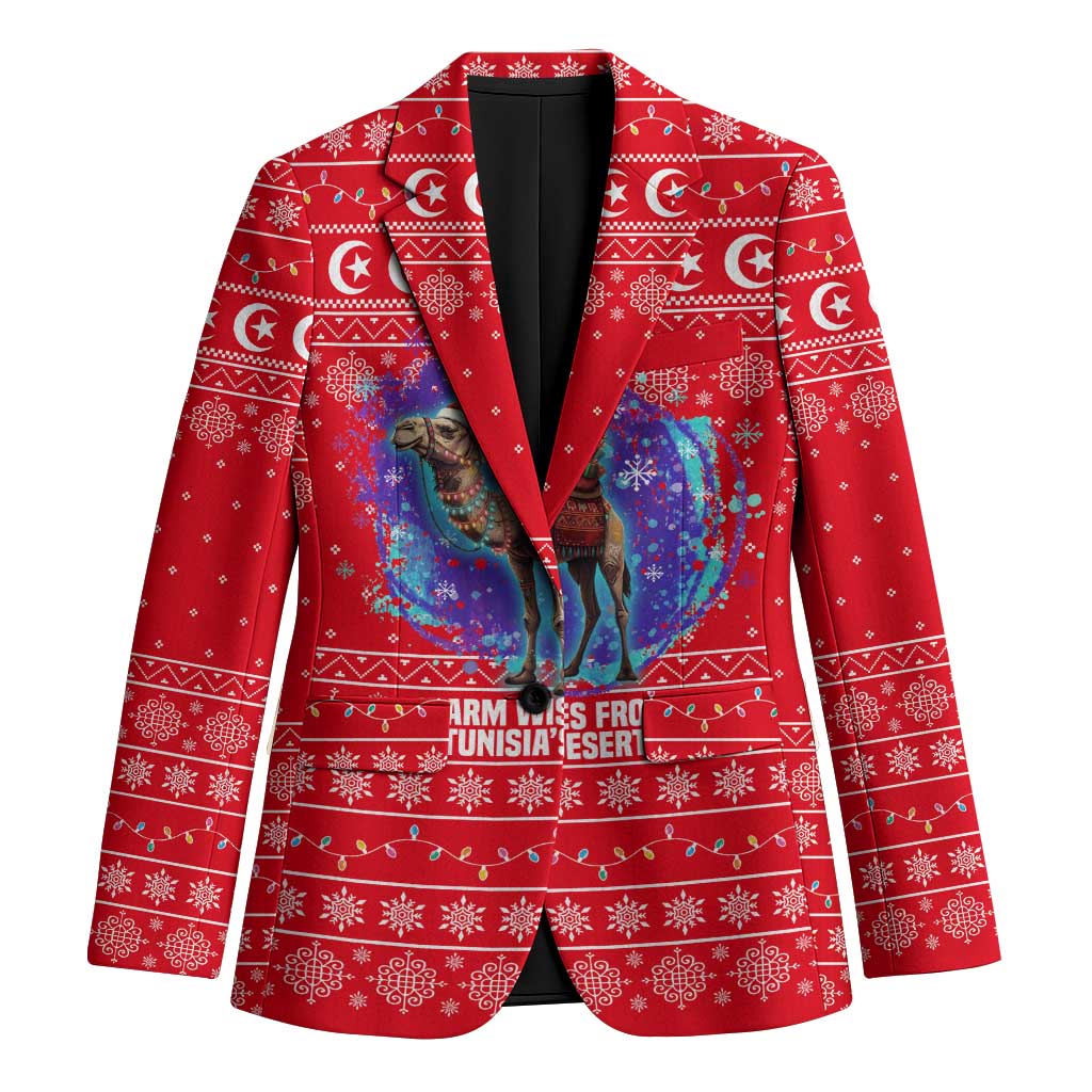 Tunisia Christmas Blazer with Desert Camel Crescent Snowflake Pattern and National Emblem - Wonder Print Shop