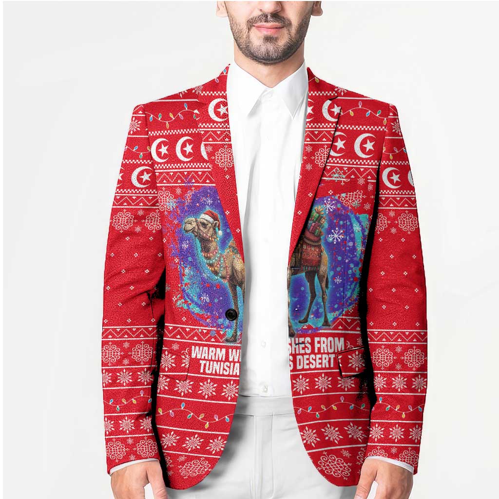 Tunisia Christmas Blazer with Desert Camel Crescent Snowflake Pattern and National Emblem - Wonder Print Shop