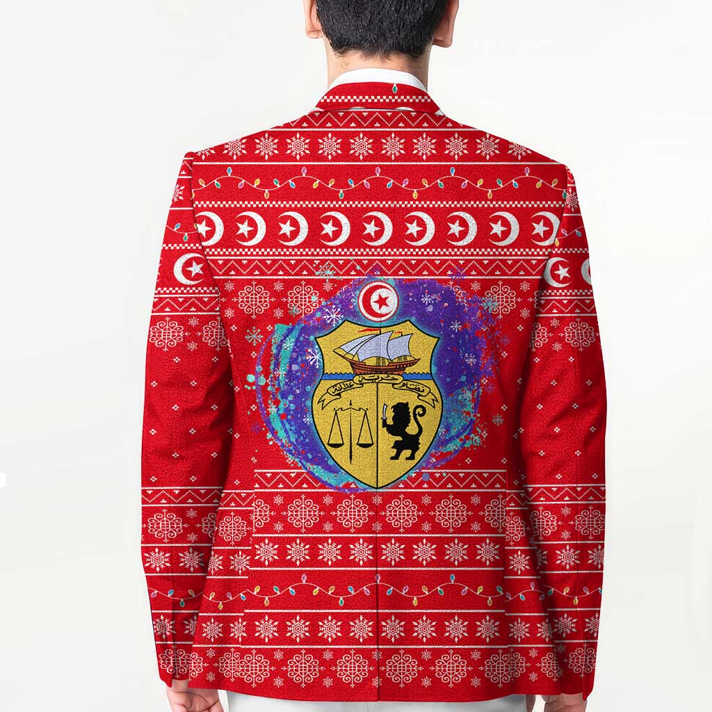 Tunisia Christmas Blazer with Desert Camel Crescent Snowflake Pattern and National Emblem - Wonder Print Shop