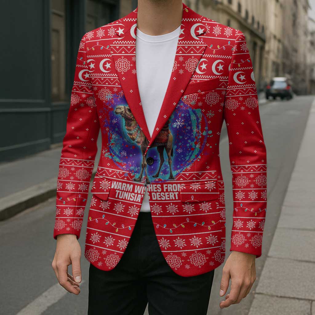 Tunisia Christmas Blazer with Desert Camel Crescent Snowflake Pattern and National Emblem - Wonder Print Shop