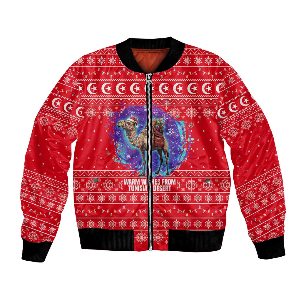 Tunisia Christmas Bomber Jacket with Desert Camel Crescent Snowflake Pattern and National Emblem - Wonder Print Shop
