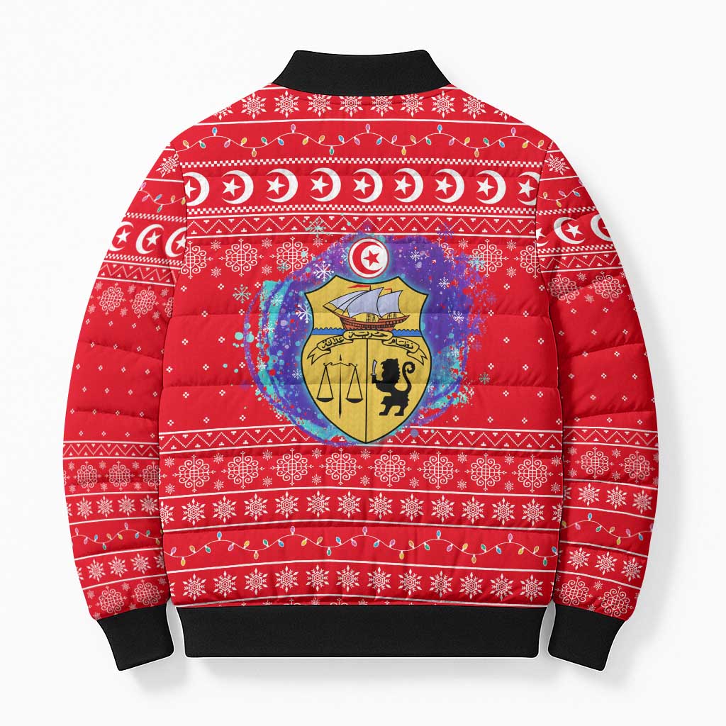 Tunisia Christmas Bomber Puffer Jacket with Desert Camel Crescent Snowflake Pattern and National Emblem - Wonder Print Shop