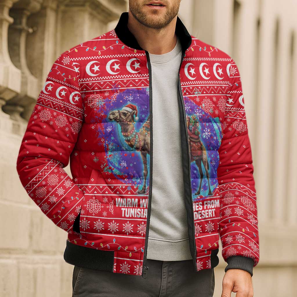 Tunisia Christmas Bomber Puffer Jacket with Desert Camel Crescent Snowflake Pattern and National Emblem - Wonder Print Shop