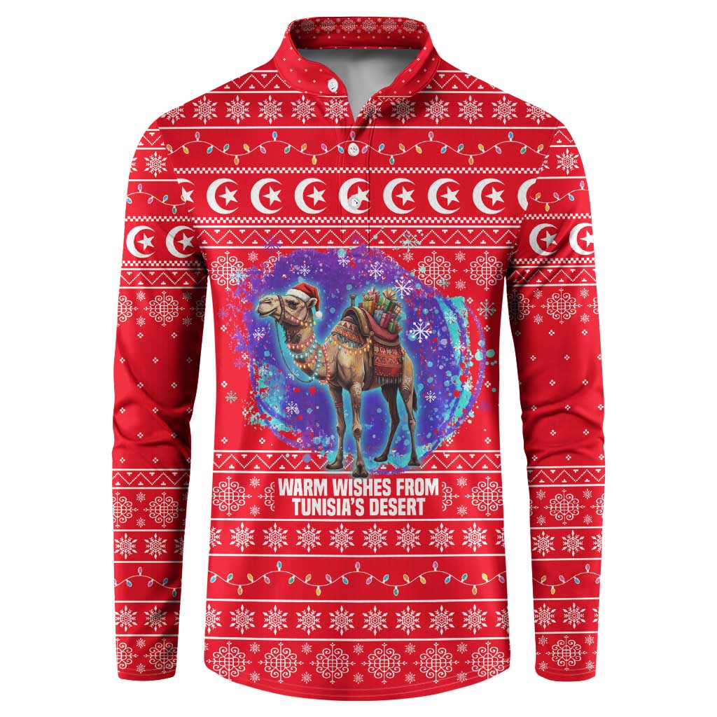 Tunisia Christmas Button Sweatshirt with Desert Camel Crescent Snowflake Pattern and National Emblem - Wonder Print Shop