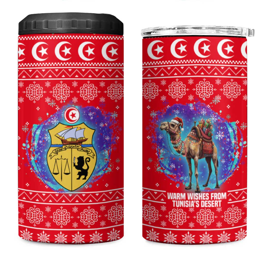 Tunisia Christmas 4 in 1 Can Cooler Tumbler with Desert Camel Crescent Snowflake Pattern and National Emblem - Wonder Print Shop