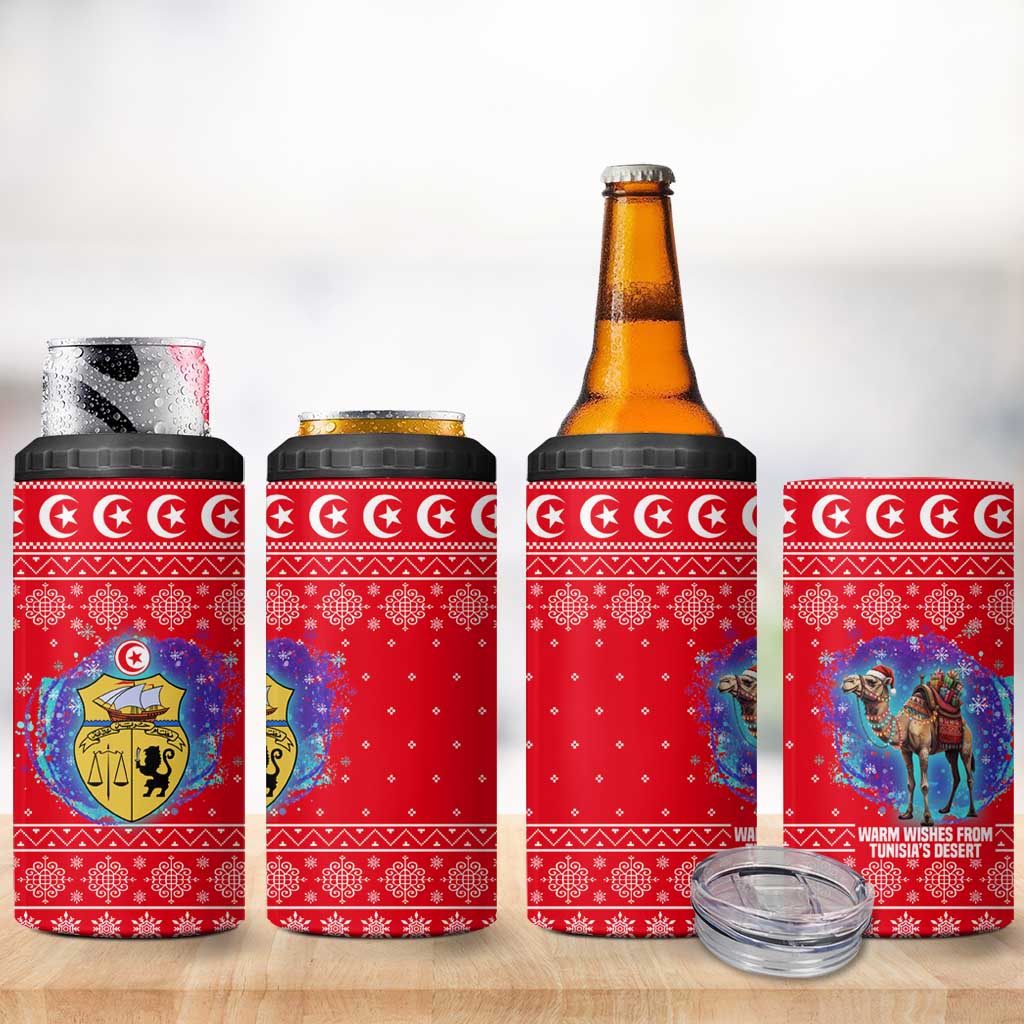 Tunisia Christmas 4 in 1 Can Cooler Tumbler with Desert Camel Crescent Snowflake Pattern and National Emblem - Wonder Print Shop