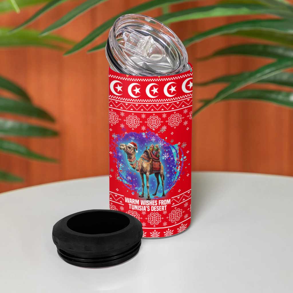 Tunisia Christmas 4 in 1 Can Cooler Tumbler with Desert Camel Crescent Snowflake Pattern and National Emblem - Wonder Print Shop