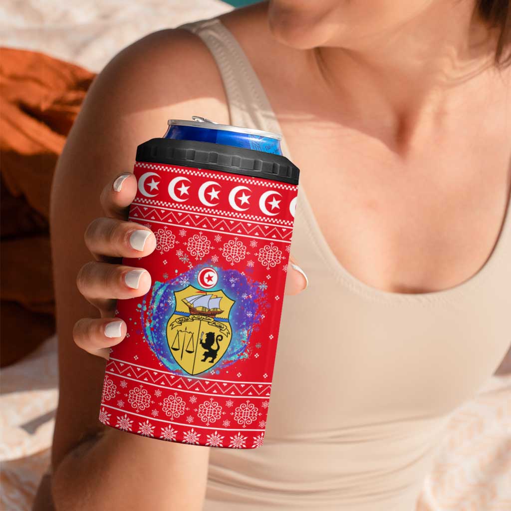 Tunisia Christmas 4 in 1 Can Cooler Tumbler with Desert Camel Crescent Snowflake Pattern and National Emblem - Wonder Print Shop