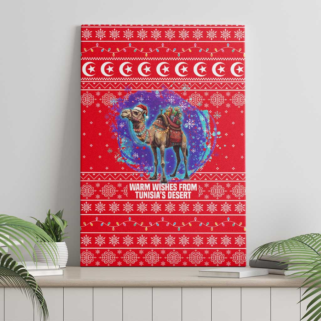 Tunisia Christmas Canvas Wall Art with Desert Camel Crescent Snowflake Pattern and National Emblem - Wonder Print Shop