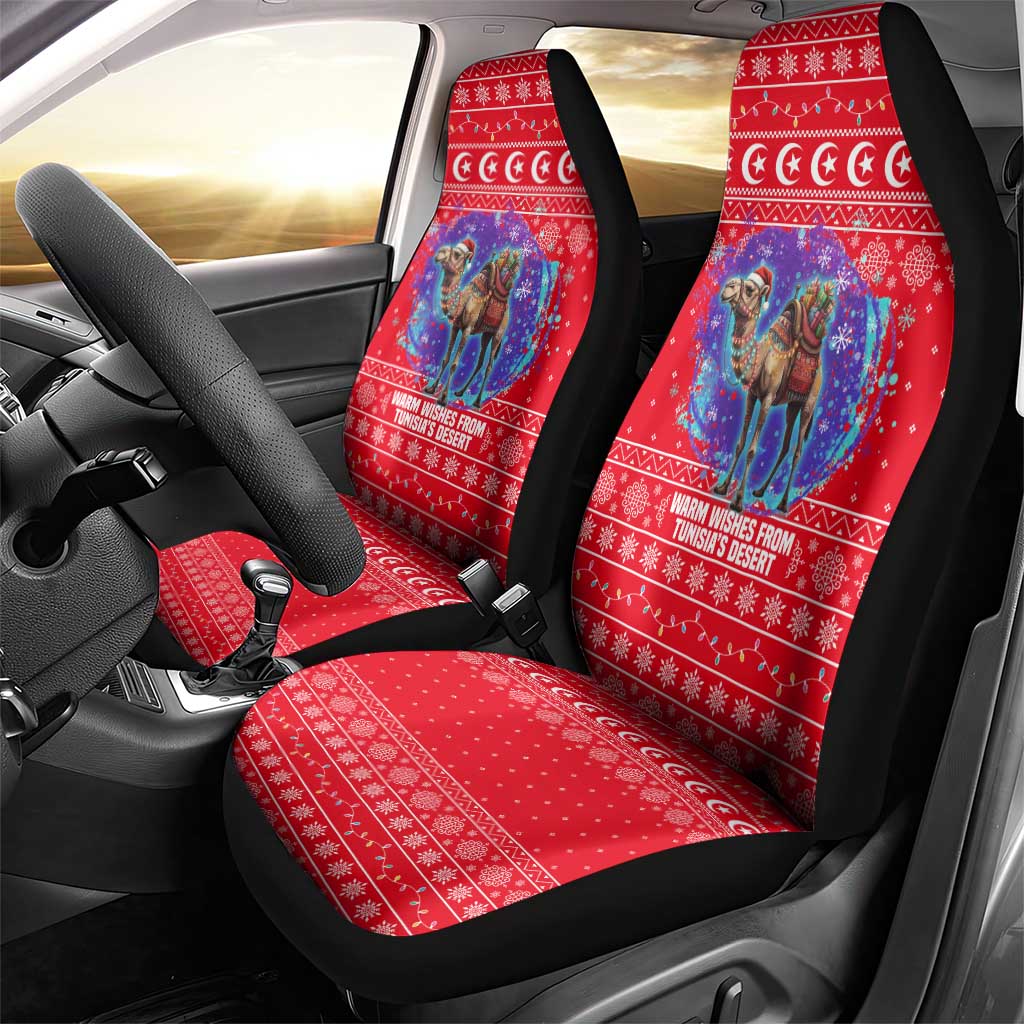 Tunisia Christmas Car Seat Cover with Desert Camel Crescent Snowflake Pattern and National Emblem - Wonder Print Shop