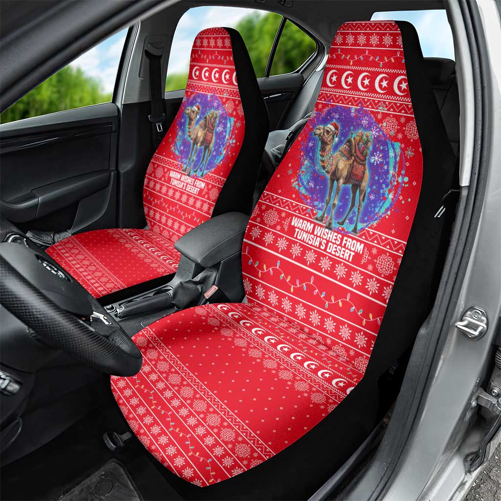 Tunisia Christmas Car Seat Cover with Desert Camel Crescent Snowflake Pattern and National Emblem - Wonder Print Shop