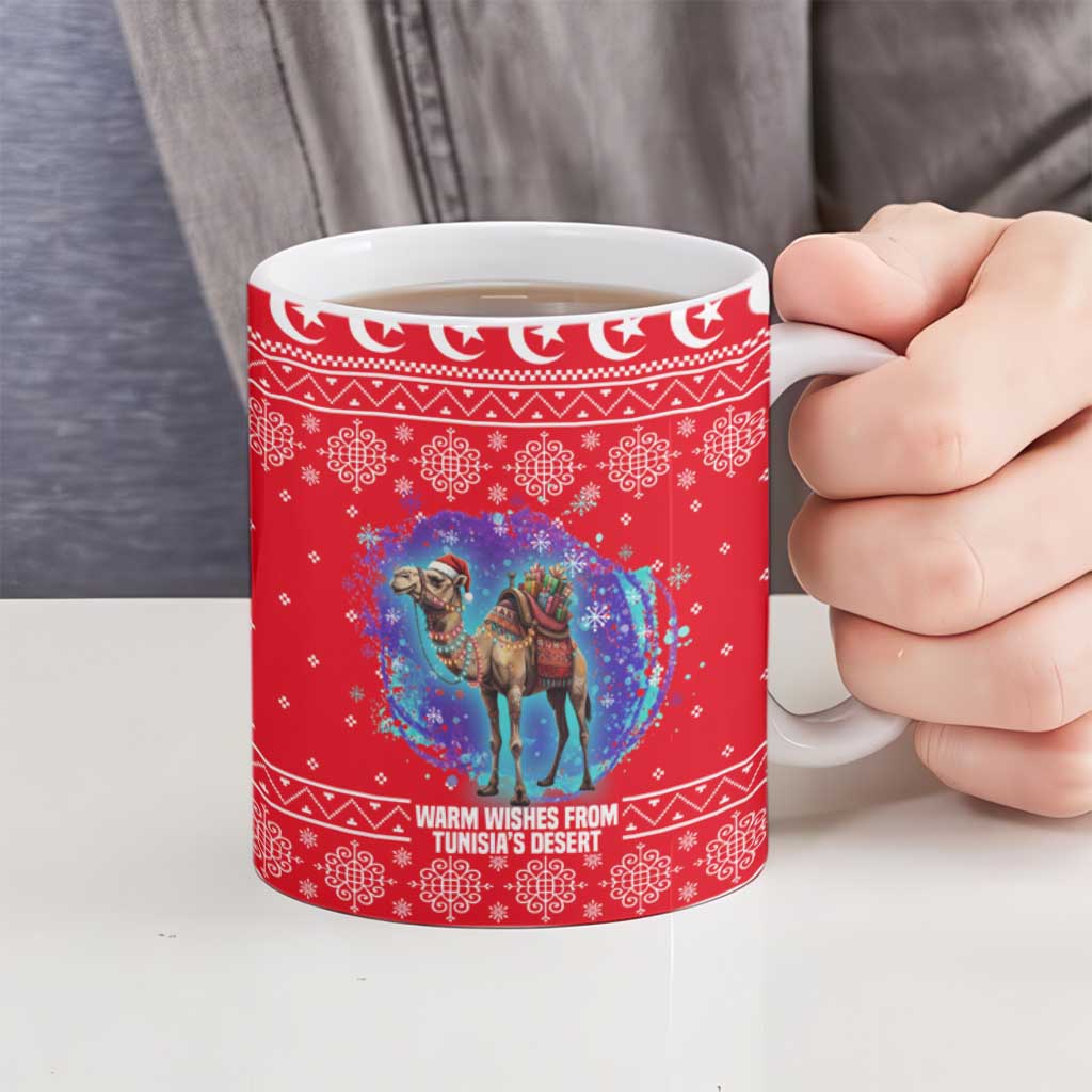Tunisia Christmas Ceramic Mug with Desert Camel Crescent Snowflake Pattern and National Emblem - Wonder Print Shop