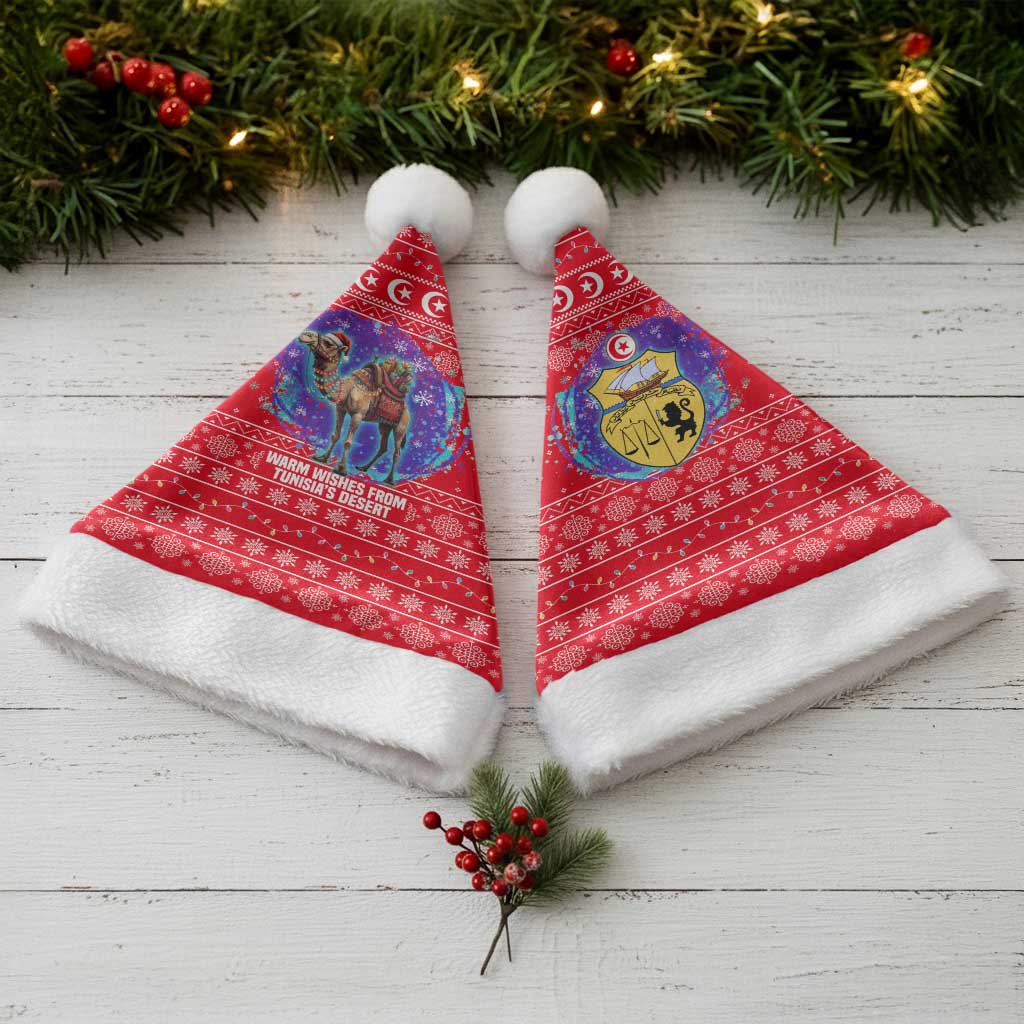 Tunisia Christmas Santa Hat with Desert Camel Crescent Snowflake Pattern and National Emblem - Wonder Print Shop